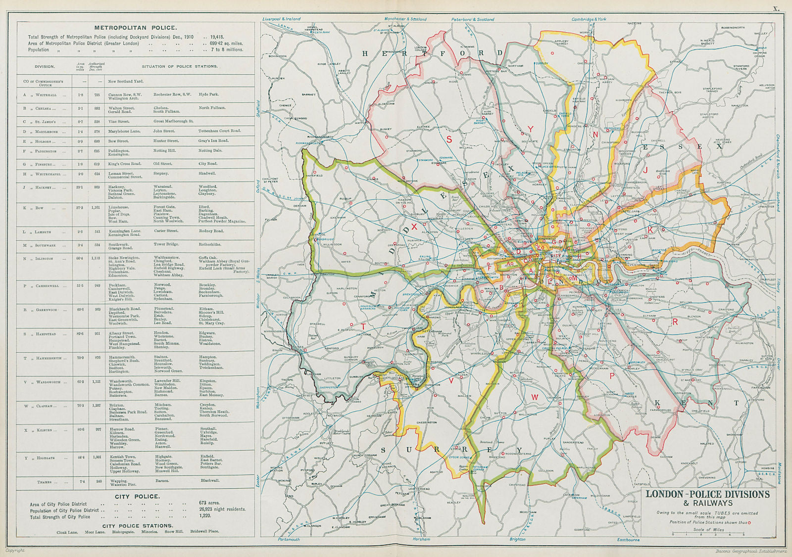 LONDON POLICE DIVISIONS & RAILWAYS showing Police stations. BACON 1913 old map